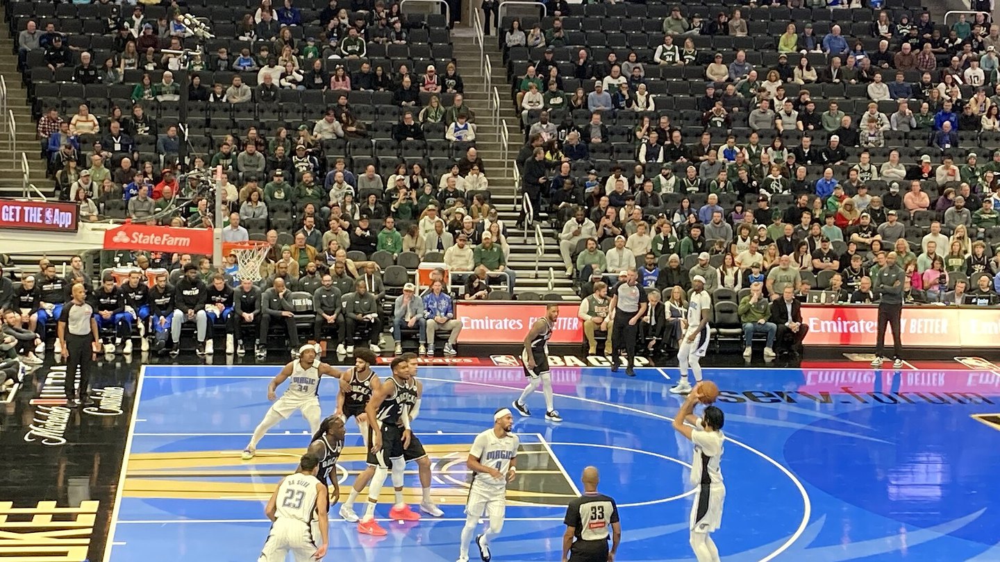 NBA basketball game inside a packed arena