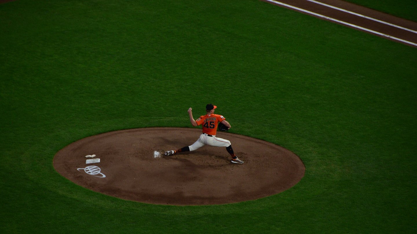 Baseball pitcher throwing during a Major League game